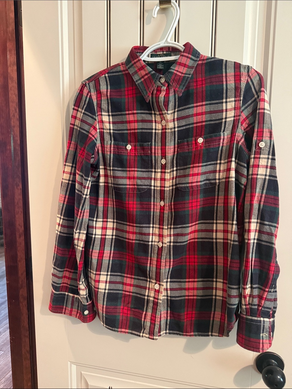 Ralph Lauren Ted, Cream, Green,Black Flannel. Button-Down Shirt, great condition